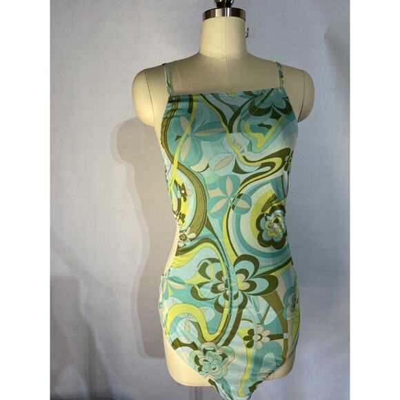 New Mod Psychedelic Bodysuit Blue Green Marbled Flowers Rue21 Womens Juniors XL - Picture 2 of 7